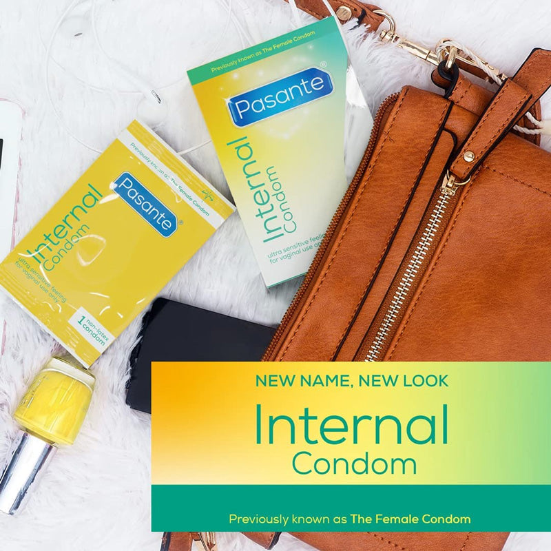 Pasante Internal Box 3 containing three non-latex female condoms, designed for comfort and sensitivity.