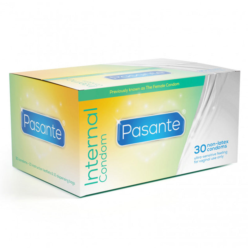 Pasante Internal Box 30 containing 30 non-latex female condoms, individually wrapped for hygiene and convenience.