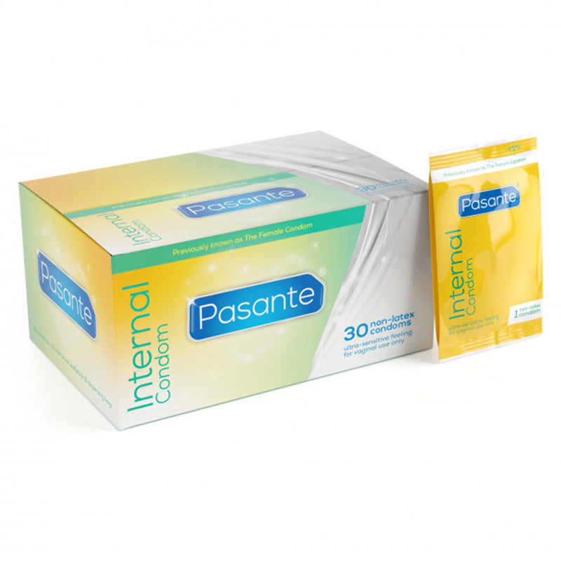 Pasante Internal Box 30 containing 30 non-latex female condoms, individually wrapped for hygiene and convenience.