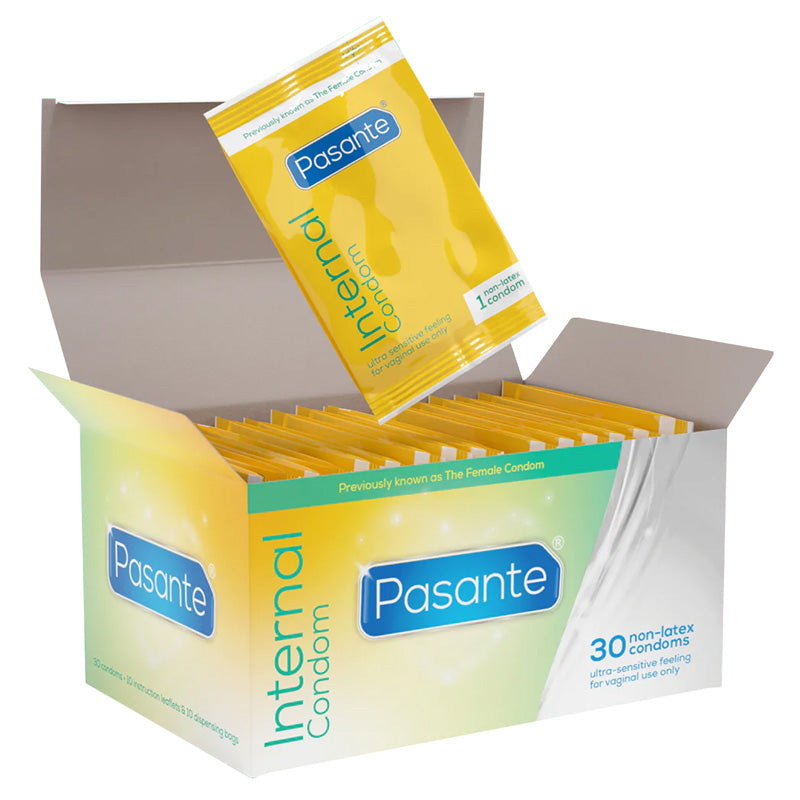 Pasante Internal Box 30 containing 30 non-latex female condoms, individually wrapped for hygiene and convenience.