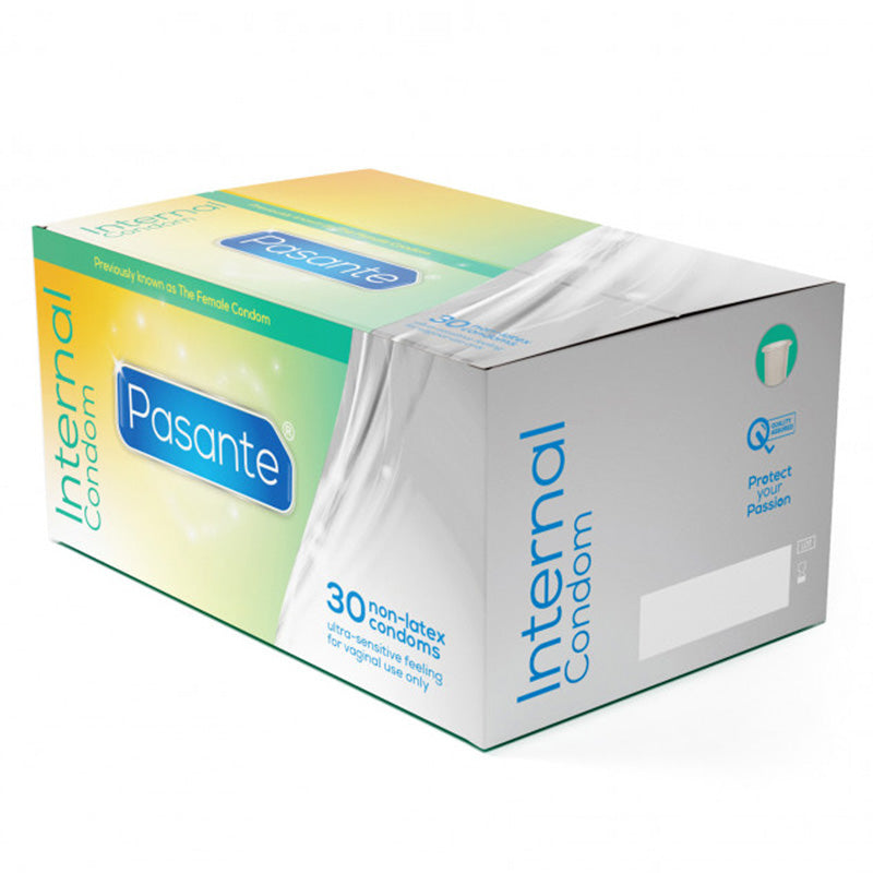 Pasante Internal Box 30 containing 30 non-latex female condoms, individually wrapped for hygiene and convenience.