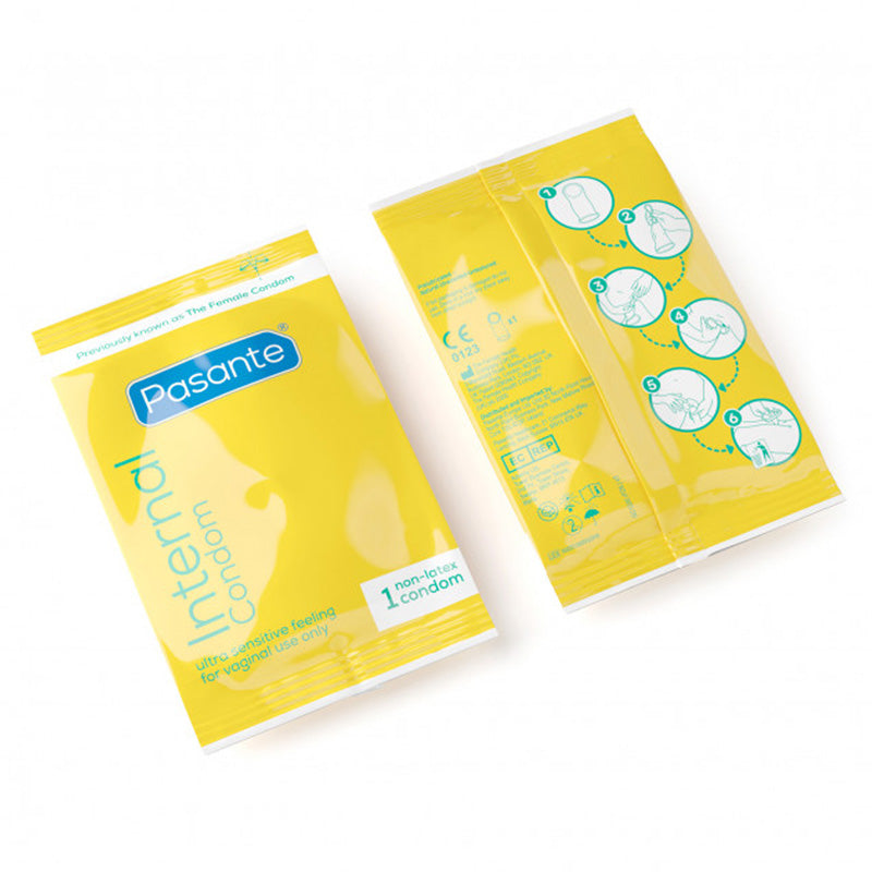 Pasante Internal Box 30 containing 30 non-latex female condoms, individually wrapped for hygiene and convenience.