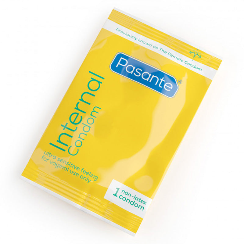 Pasante Internal Condom, a transparent non-latex female condom with a soft texture, designed for comfort and sensitivity.