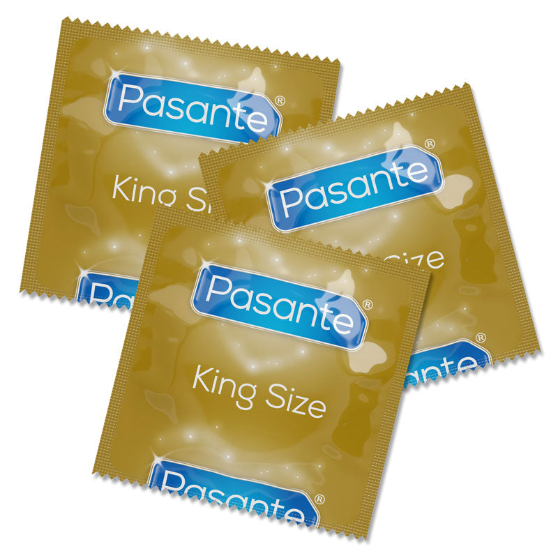 Pasante King Size condoms in a clear packaging, showcasing their larger size and smooth texture.