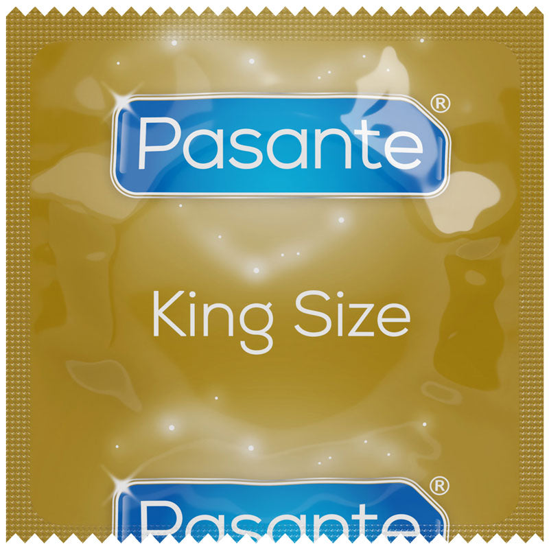 Pasante King Size condoms in a clear packaging, showcasing their larger size and smooth texture.