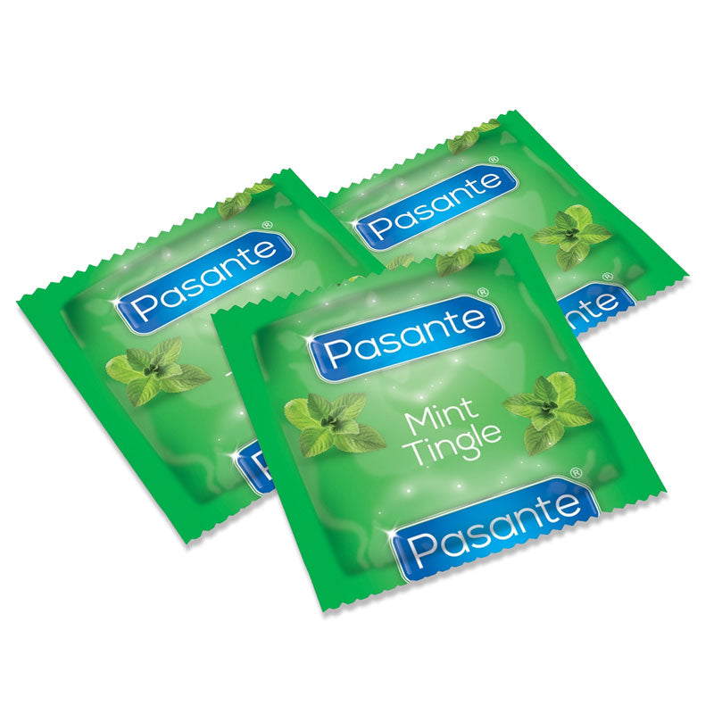 Pasante Mint Tingle condoms in a green packaging, showcasing their mint flavor and smooth texture, ideal for enhancing intimate experiences.