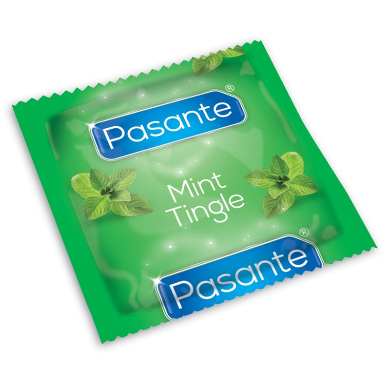 Pasante Mint Tingle condoms in a green packaging, showcasing their mint flavor and smooth texture, ideal for enhancing intimate experiences.