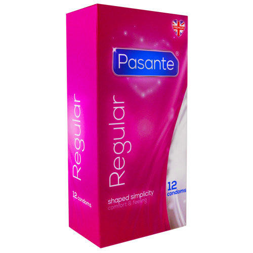 Pasante Regular Box 12 containing transparent natural rubber latex condoms, designed for comfort and safety.