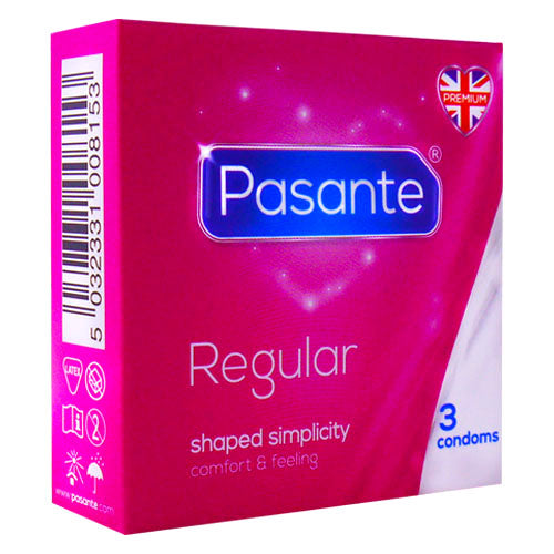 Pasante Regular Box 3 condoms featuring transparent natural rubber latex, contoured fit, and smooth texture for enhanced comfort.