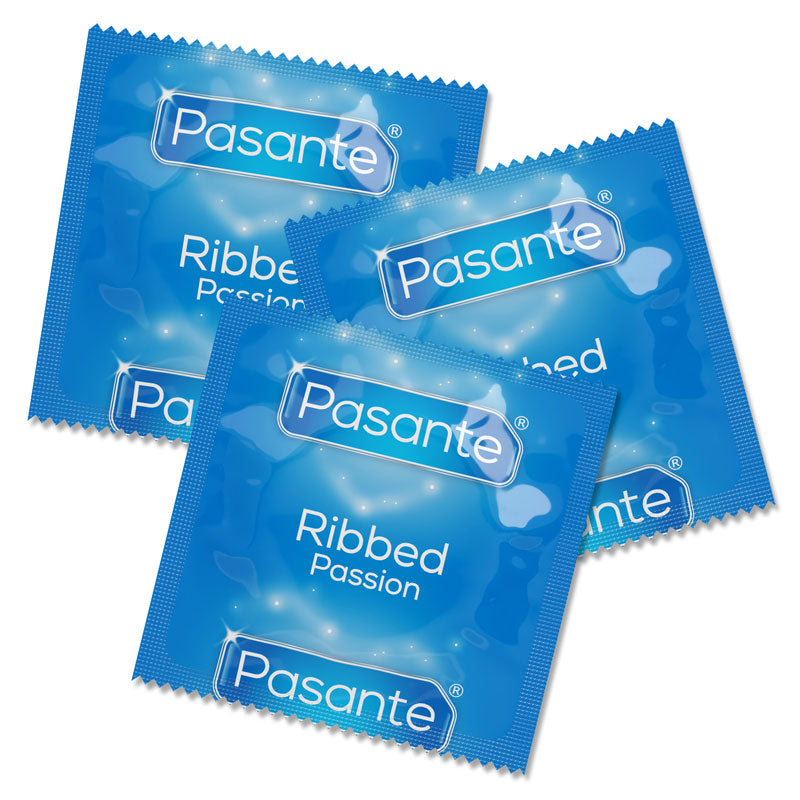 Pasante Ribbed condoms displayed in a pack, showcasing their ribbed texture and natural rubber latex material.