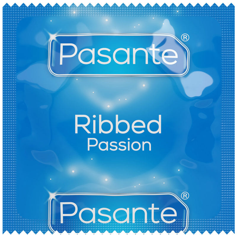 Pasante Ribbed condoms displayed in a pack, showcasing their ribbed texture and natural rubber latex material.