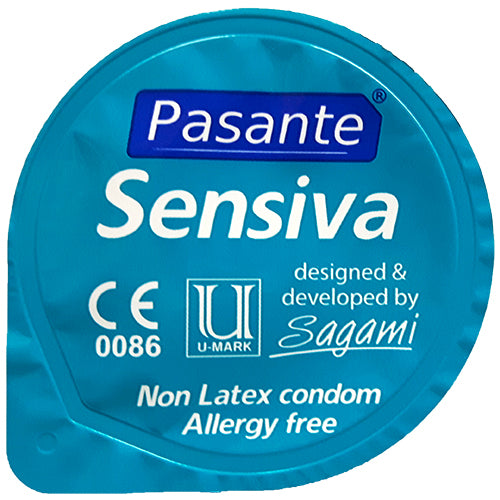 Pasante Sensiva non-latex condoms in a clear packaging, showcasing their ultra-thin design and teat-ended shape for enhanced sensitivity.