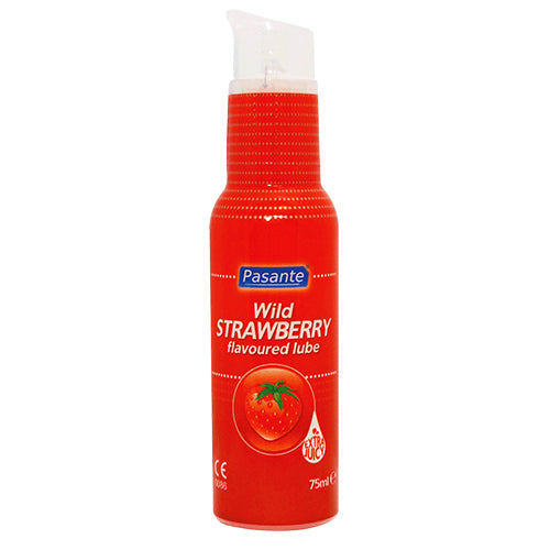 Pasante Strawberry Lube 75ml bottle with a vibrant strawberry design, showcasing its fruity flavor and water-based formula.