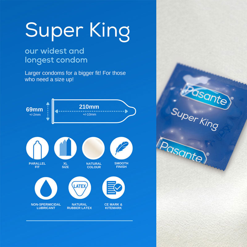 Pasante Super King Size condoms in packaging, showcasing their large size and quality material.