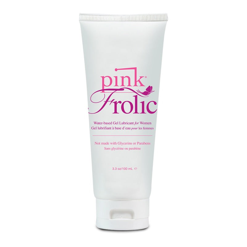 PINK Frolic 3.3 oz water-based lubricant bottle with a sleek design, perfect for enhancing intimate moments safely.