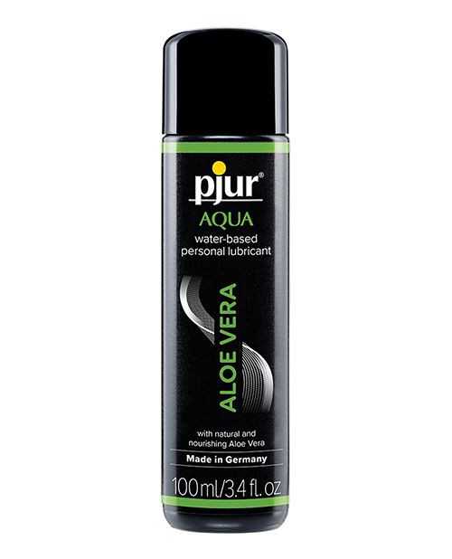 Pjur Aqua Aloe Vera 100ml lubricant bottle with a soothing Aloe Vera design, perfect for sensitive skin.