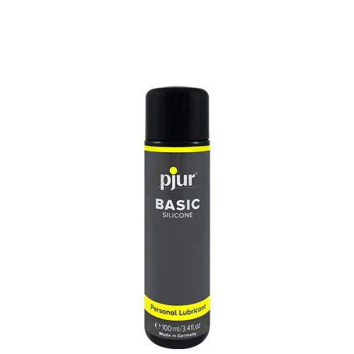 pjur Basic Silicone 100ml lubricant bottle with a sleek design, showcasing its premium quality for moisturizing and massage.