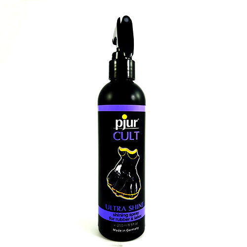 pjur Cult Ultra Shine Spray 250ml bottle with a sleek design, ideal for enhancing rubber and latex clothing.