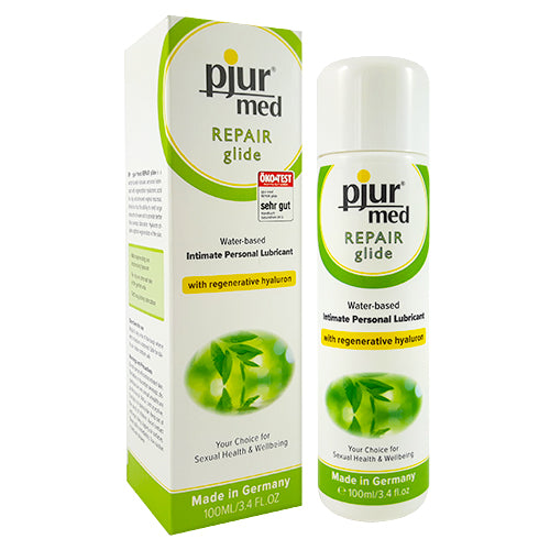 pjur Med Repair Glide 100ml water-based lubricant bottle with a sleek design, showcasing its moisturizing properties for intimate use.