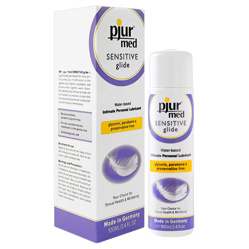 pjur med Sensitive Glide 100ml water-based lubricant bottle with a sleek design, suitable for sensitive skin.