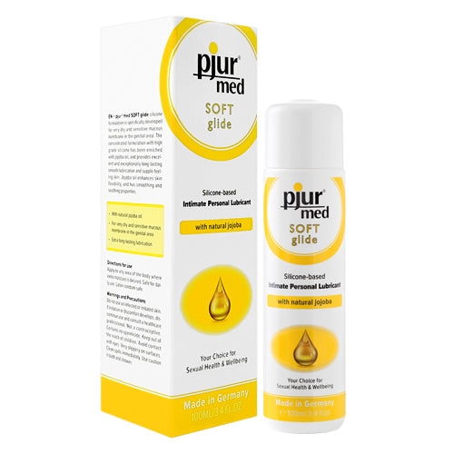 pjur med Soft Glide 100ml silicone lubricant bottle with jojoba oil for sensitive skin.