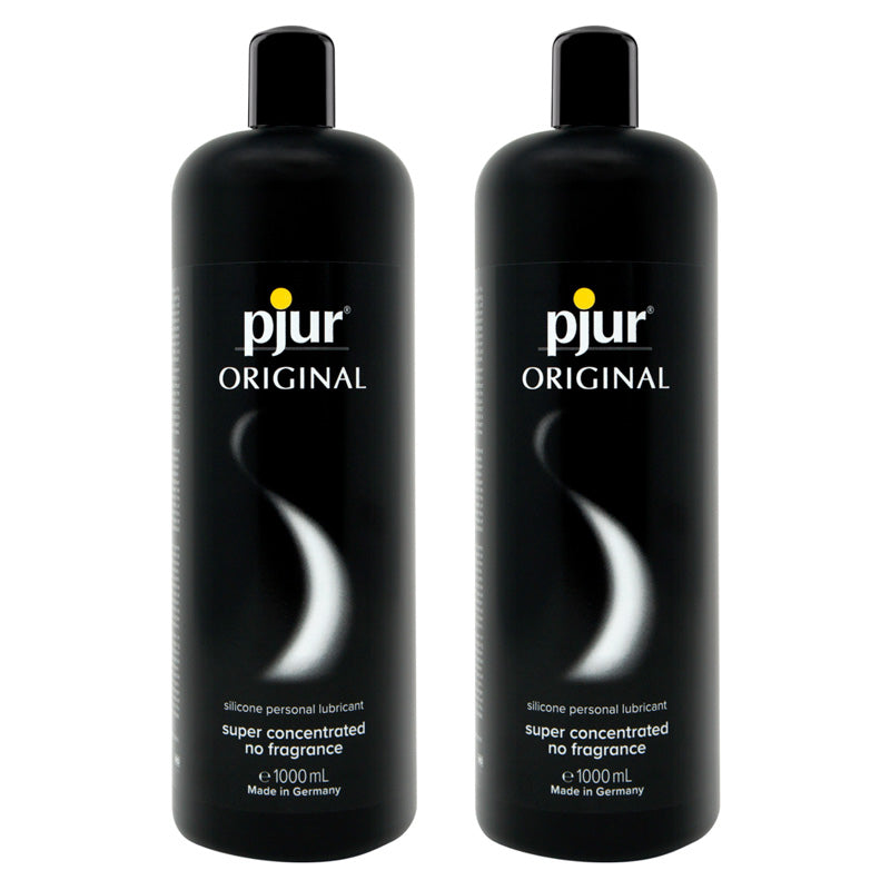 Two bottles of pjur Original silicone-based lubricant, 1000ml each, showcasing the sleek design and quality packaging.