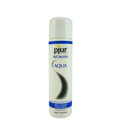 pjur Woman Aqua 100ml water-based lubricant bottle designed for women's sensitive skin, featuring a sleek design and easy-to-use cap.