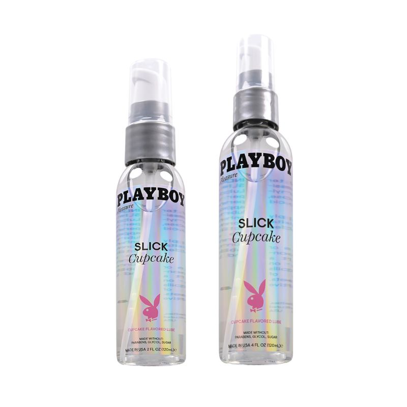 Playboy Pleasure Slick Lubricant Cupcake in a sleek bottle with a cupcake design, showcasing its delicious vanilla flavor.