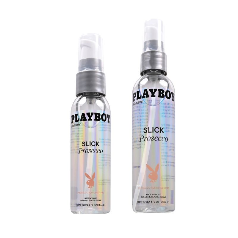 Playboy Pleasure Slick Lubricant Prosecco bottle with a sleek design, showcasing its enticing prosecco flavor for enhanced intimacy.