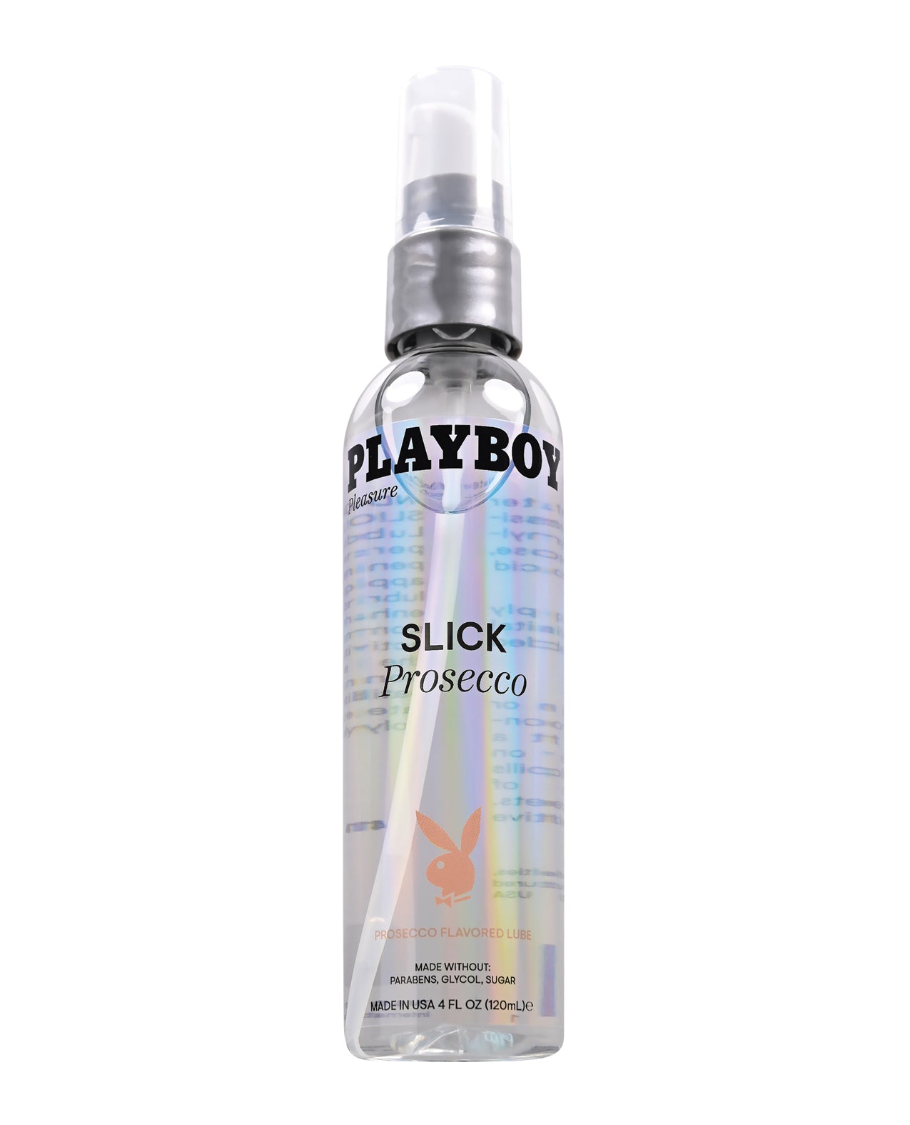 Playboy Pleasure Slick Lubricant Prosecco bottle with a sleek design, showcasing its enticing prosecco flavor for enhanced intimacy.