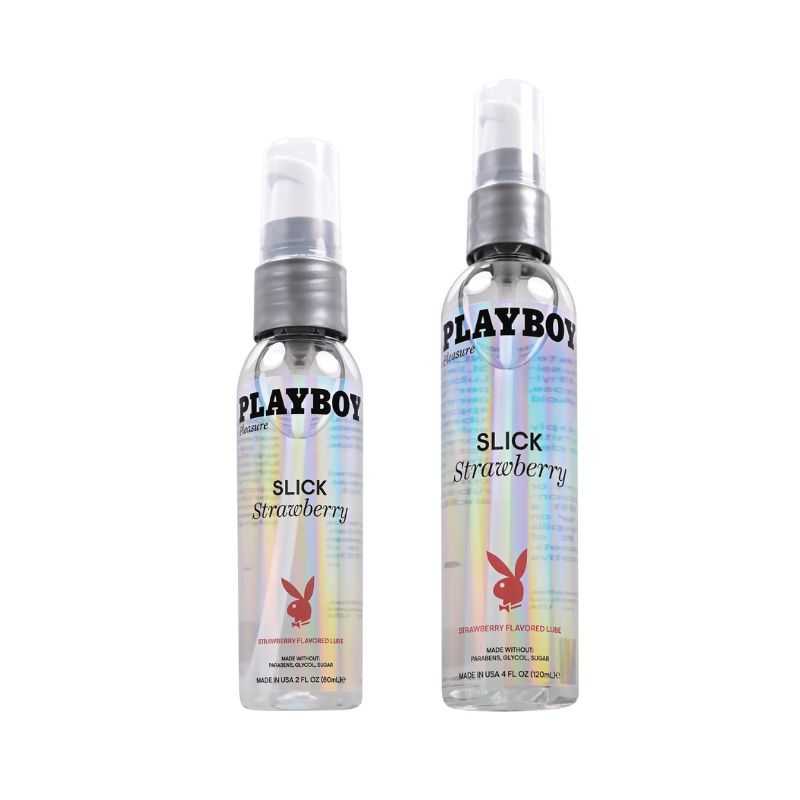 Playboy Pleasure Slick Lubricant Strawberry bottle with a vibrant design, showcasing its enticing flavor and water-based formula.