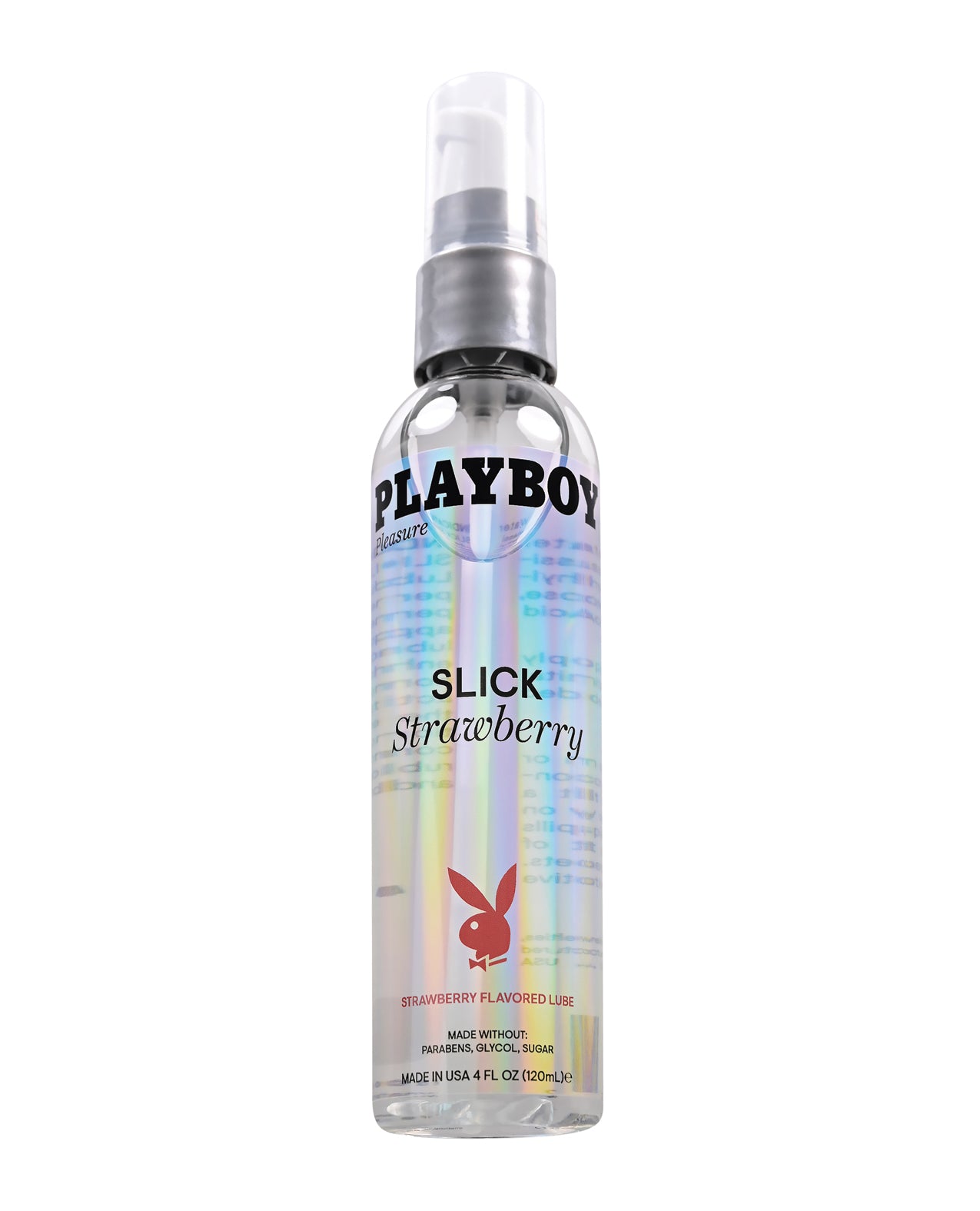 Playboy Pleasure Slick Lubricant Strawberry bottle with a vibrant design, showcasing its enticing flavor and water-based formula.