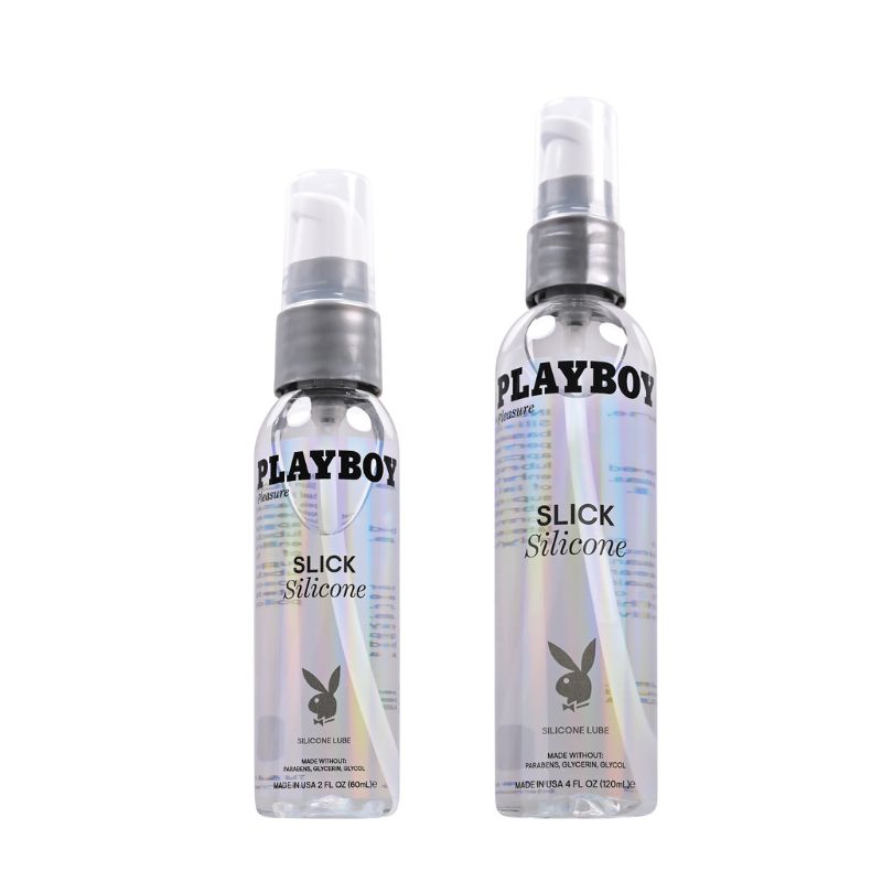 Playboy Pleasure Slick Silicone Lubricant bottle with a sleek design, showcasing its premium quality and luxurious feel.