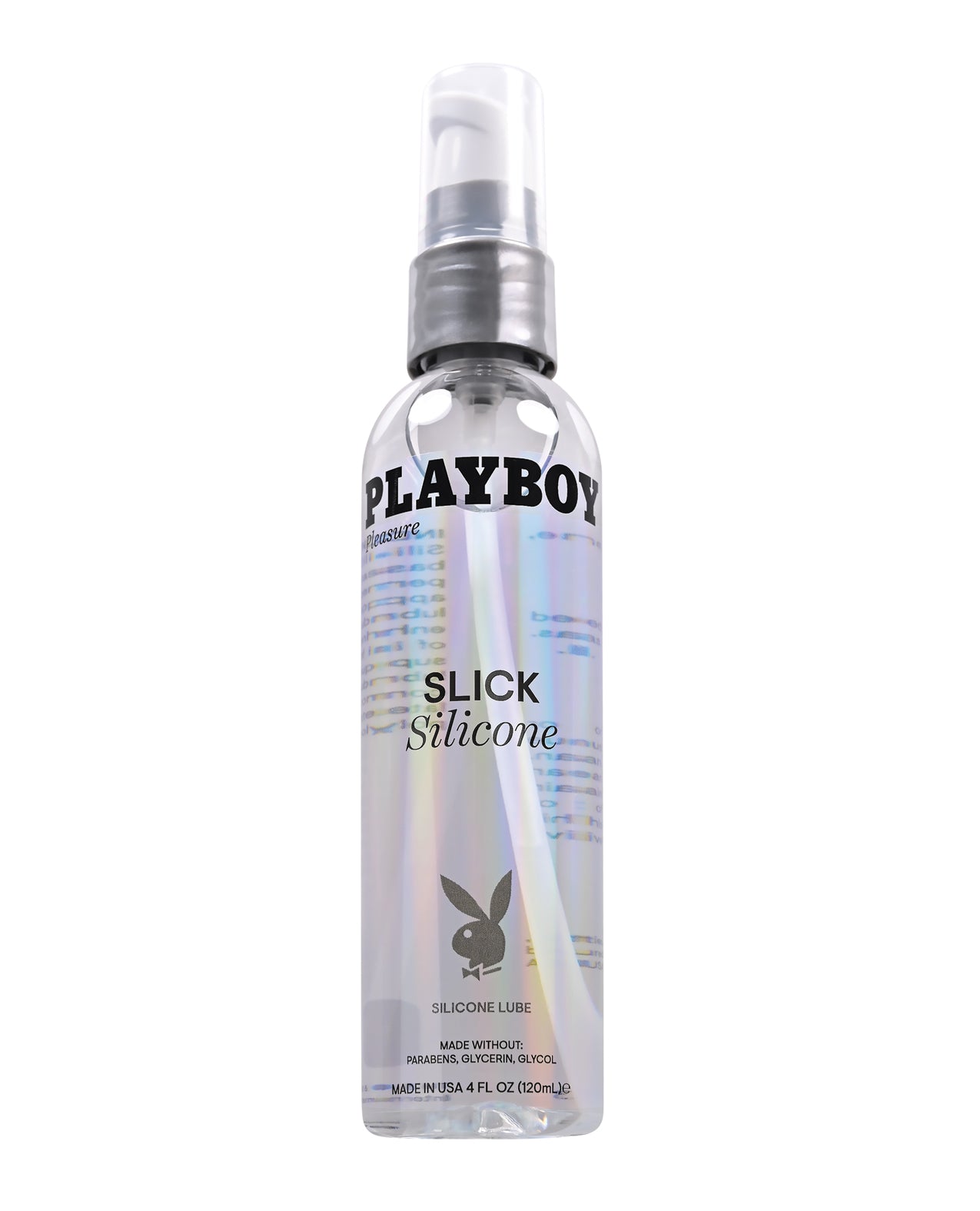 Playboy Pleasure Slick Silicone Lubricant bottle with a sleek design, showcasing its premium quality and luxurious feel.