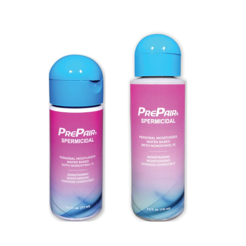 Prepair Spermicidal Lubricant bottle with a sleek design, showcasing its water-based formula and 1% Nonoxynol-9 for added protection.