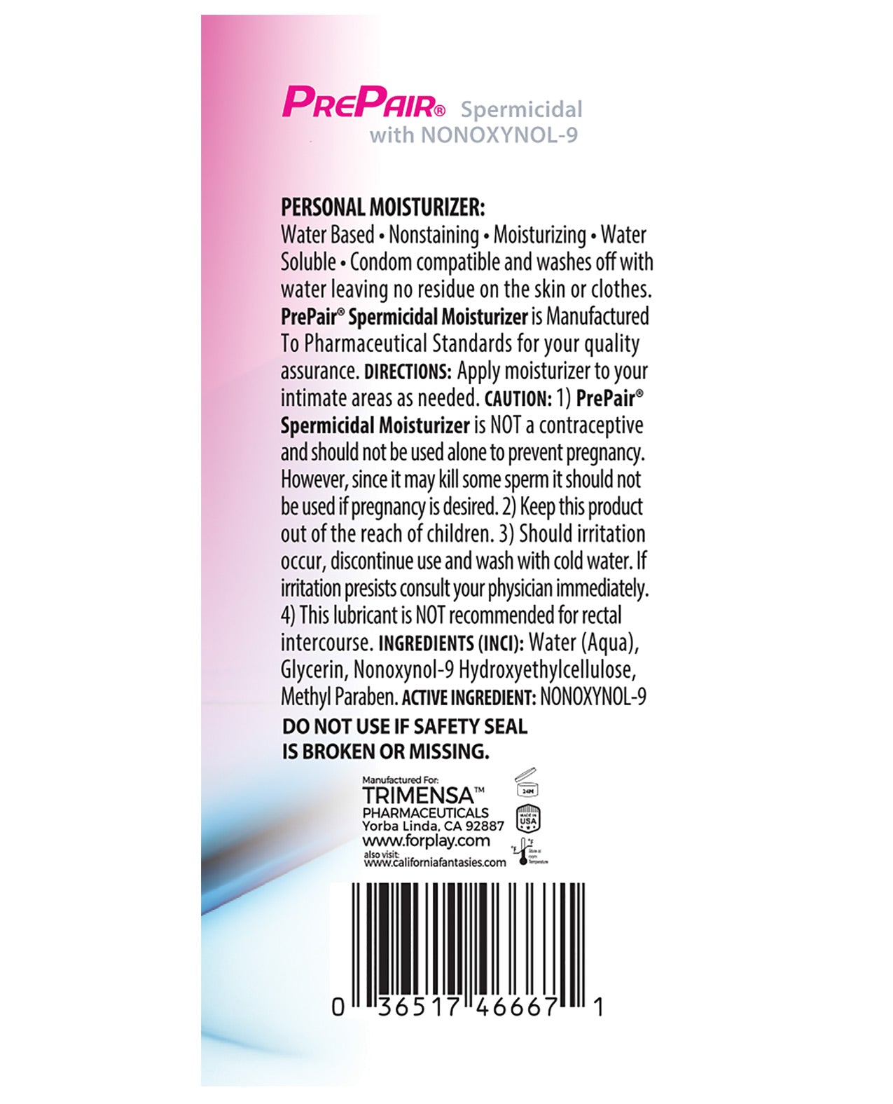 Prepair Spermicidal Lubricant bottle with a sleek design, showcasing its water-based formula and 1% Nonoxynol-9 for added protection.