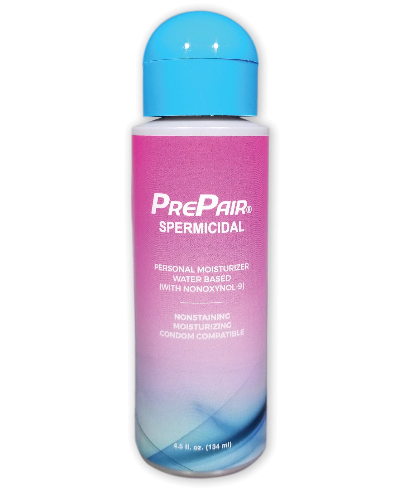 Prepair Spermicidal Lubricant bottle with a sleek design, showcasing its water-based formula and 1% Nonoxynol-9 for added protection.