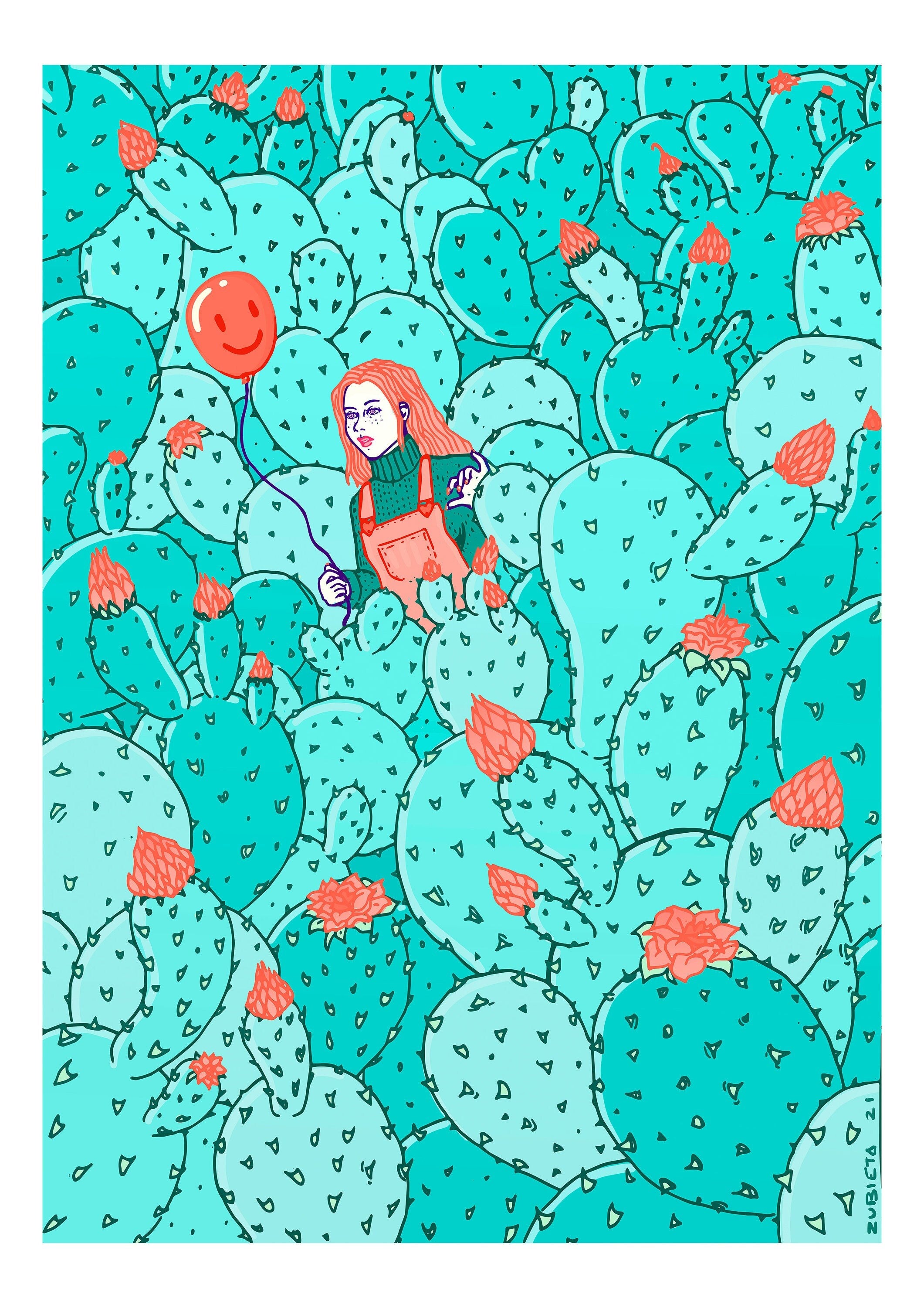 Gicleé print of Prickly Games artwork featuring prickly pear cactuses, showcasing vibrant colors and fine details.