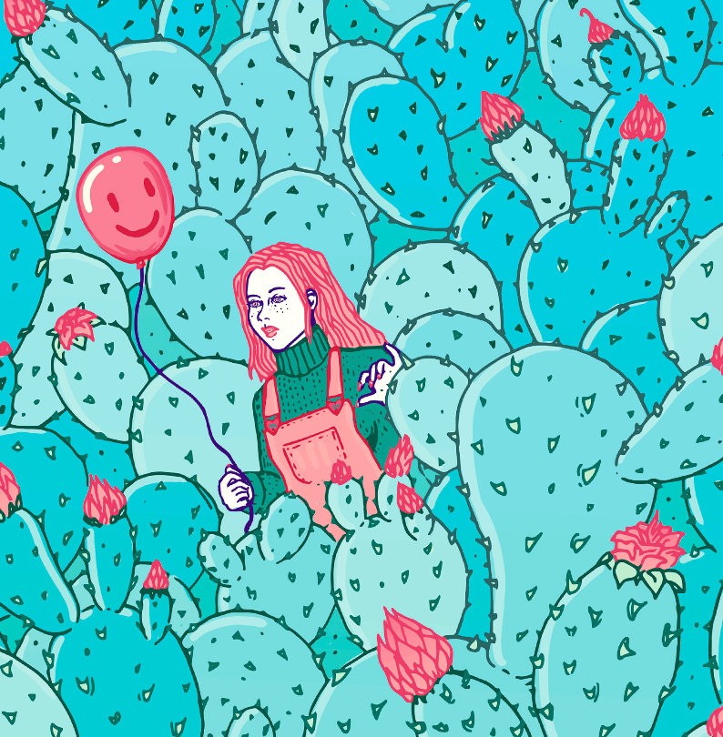 Gicleé print of Prickly Games artwork featuring prickly pear cactuses, showcasing vibrant colors and fine details.