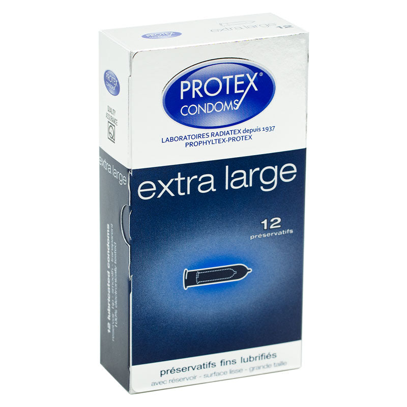 Protex Extra Large Box 12 condoms, featuring a sleek design and packaging, ideal for larger sizes and enhanced comfort.