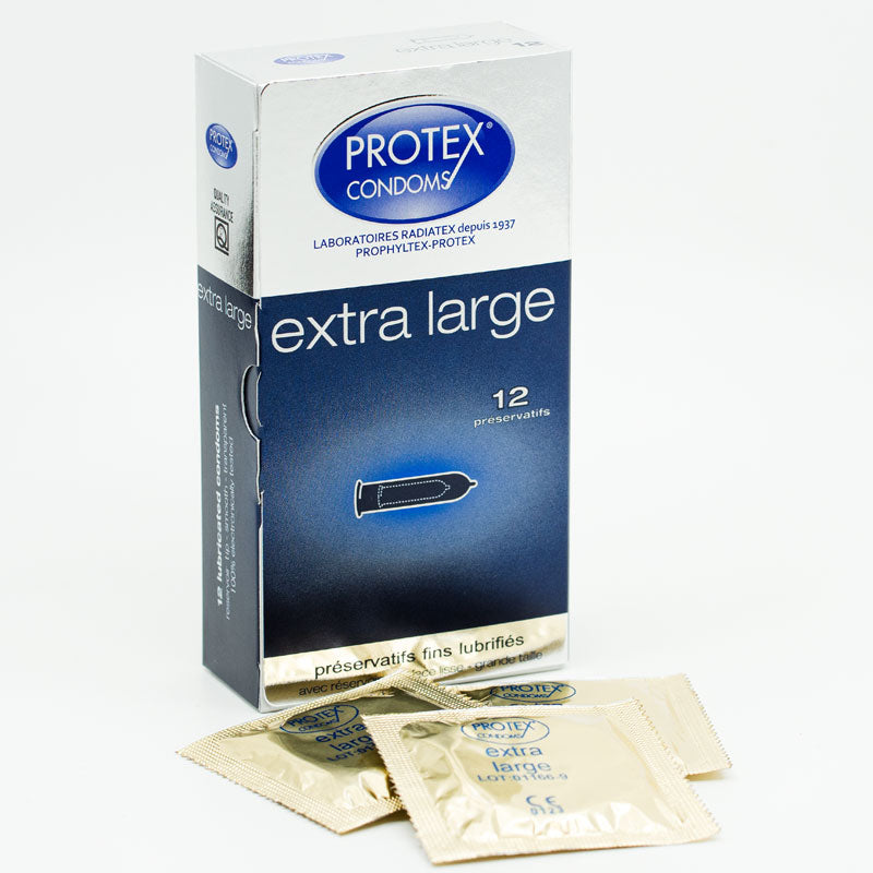 Protex Extra Large Box 12 condoms, featuring a sleek design and packaging, ideal for larger sizes and enhanced comfort.