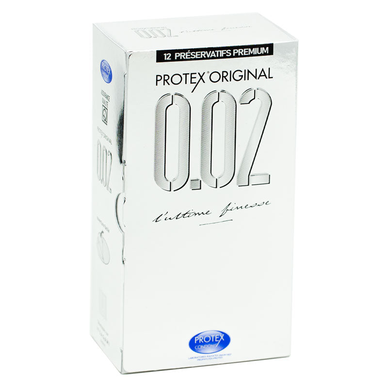 Protex Original Ultra Thin 002 condoms in a box of 12, showcasing their transparent and smooth design.