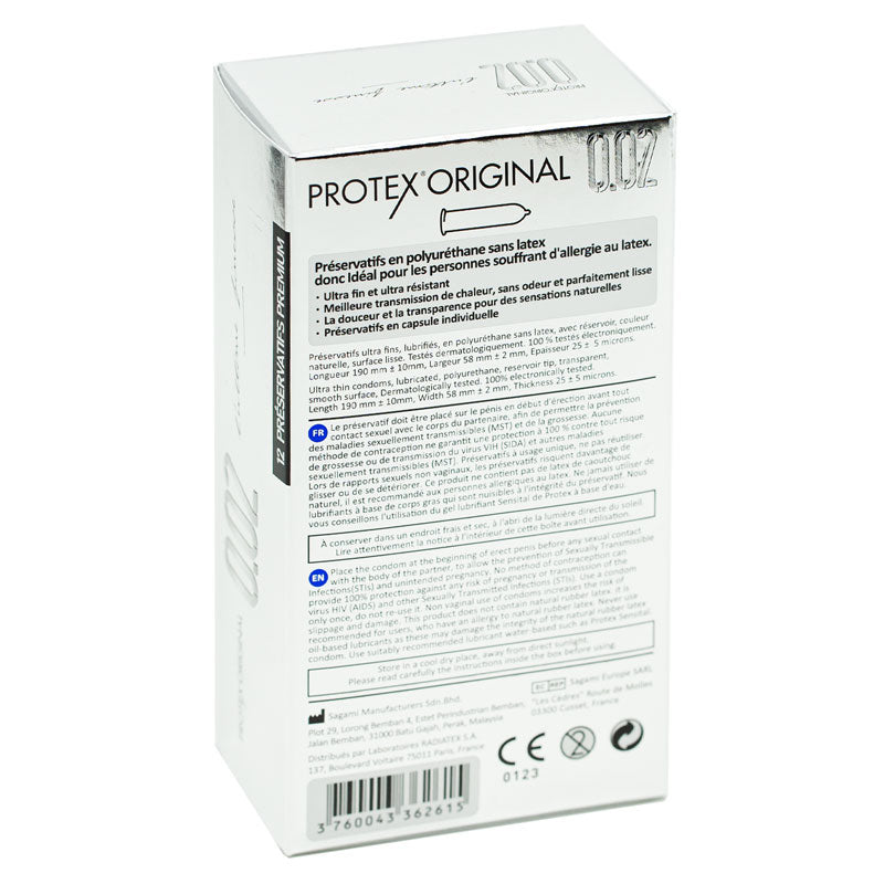 Protex Original Ultra Thin 002 condoms in a box of 12, showcasing their transparent and smooth design.