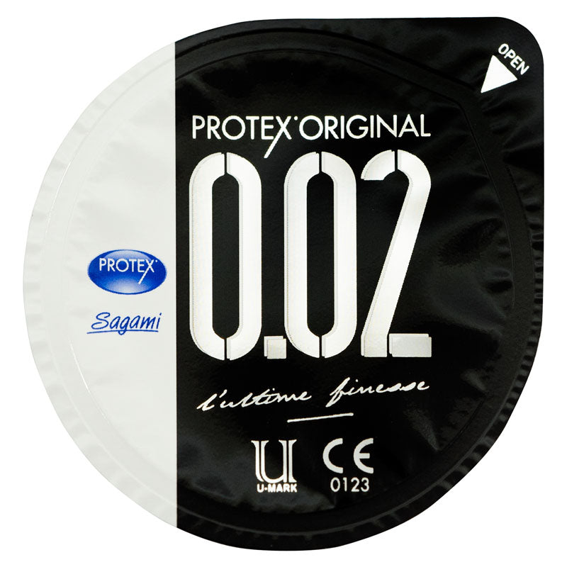 Protex Original Ultra Thin 002 condoms in a box of 12, showcasing their transparent and smooth design.