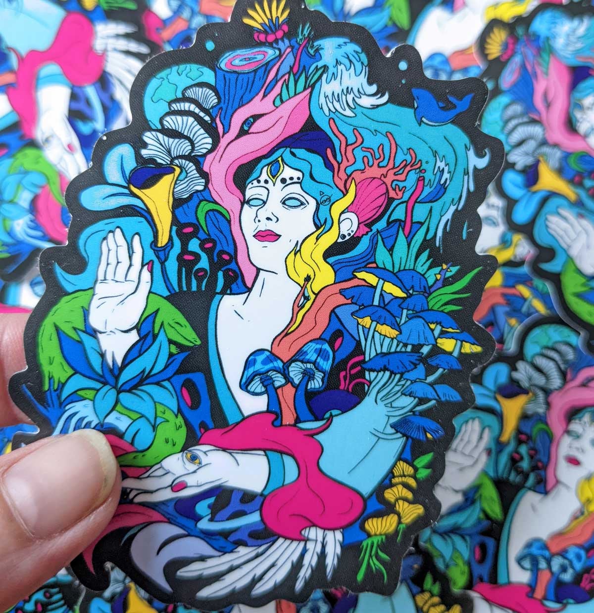 Psychedelic Mushroom Surreal vinyl sticker featuring a nature goddess design, vibrant colors, and intricate details.