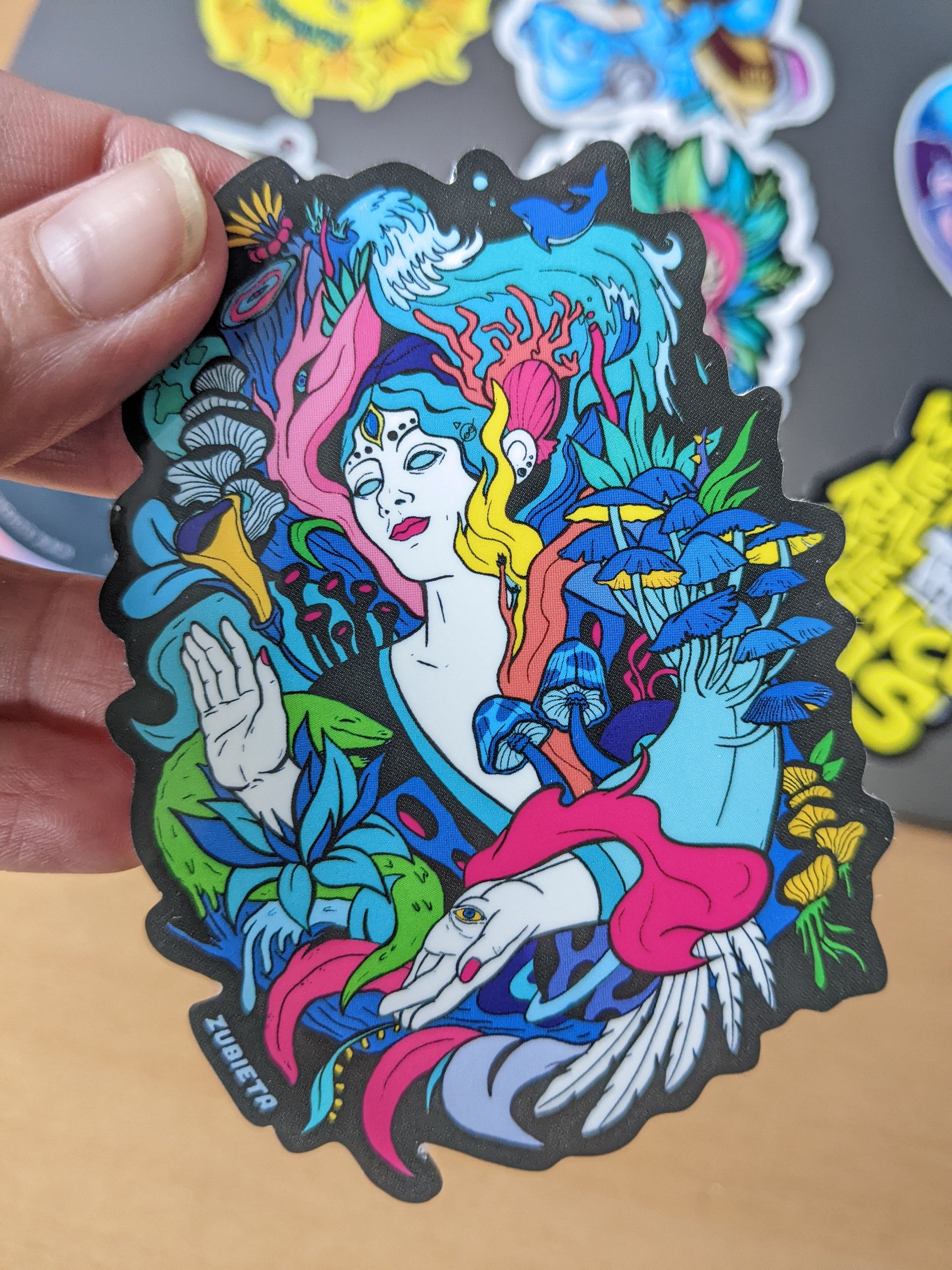 Psychedelic Mushroom Surreal vinyl sticker featuring a nature goddess design, vibrant colors, and intricate details.