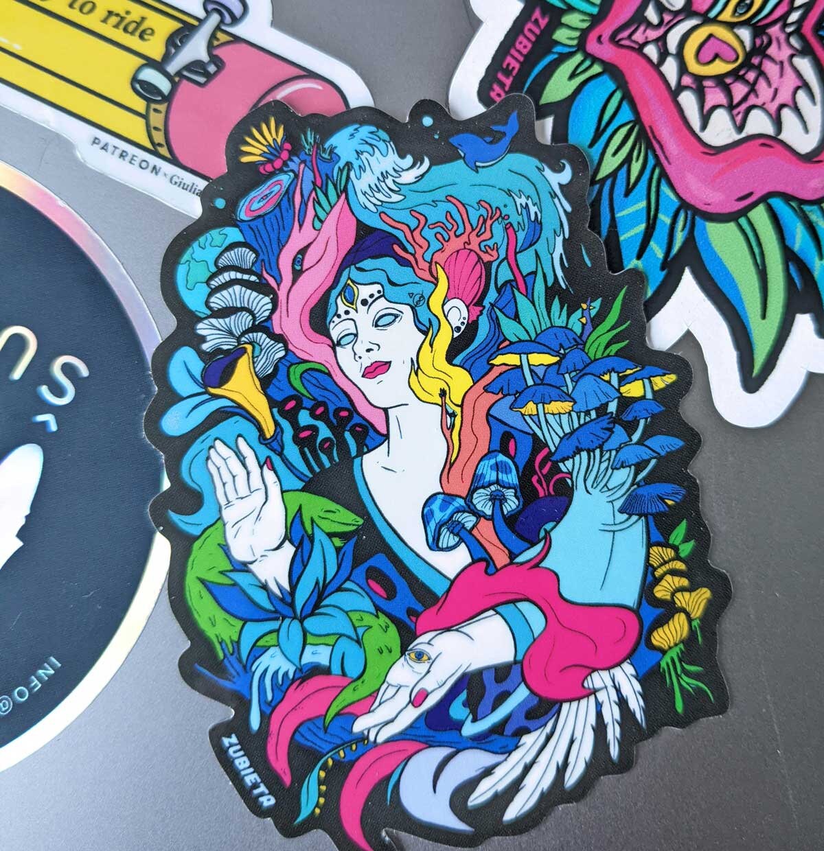 Psychedelic Mushroom Surreal vinyl sticker featuring a nature goddess design, vibrant colors, and intricate details.