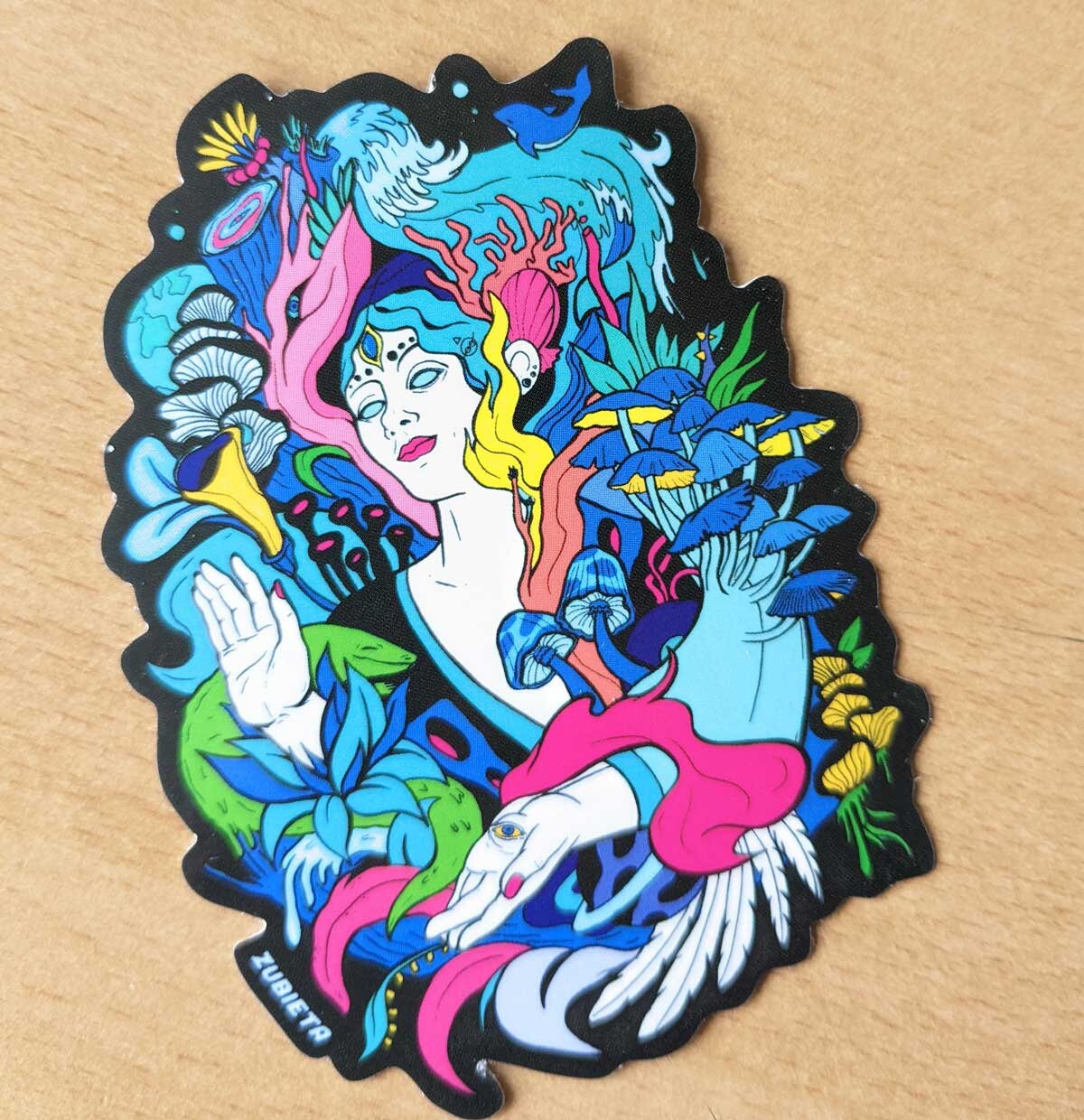 Psychedelic Mushroom Surreal vinyl sticker featuring a nature goddess design, vibrant colors, and intricate details.