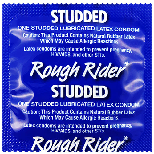 Rough Rider Studded condoms in packaging, showcasing ultra-thin, textured design for enhanced pleasure.