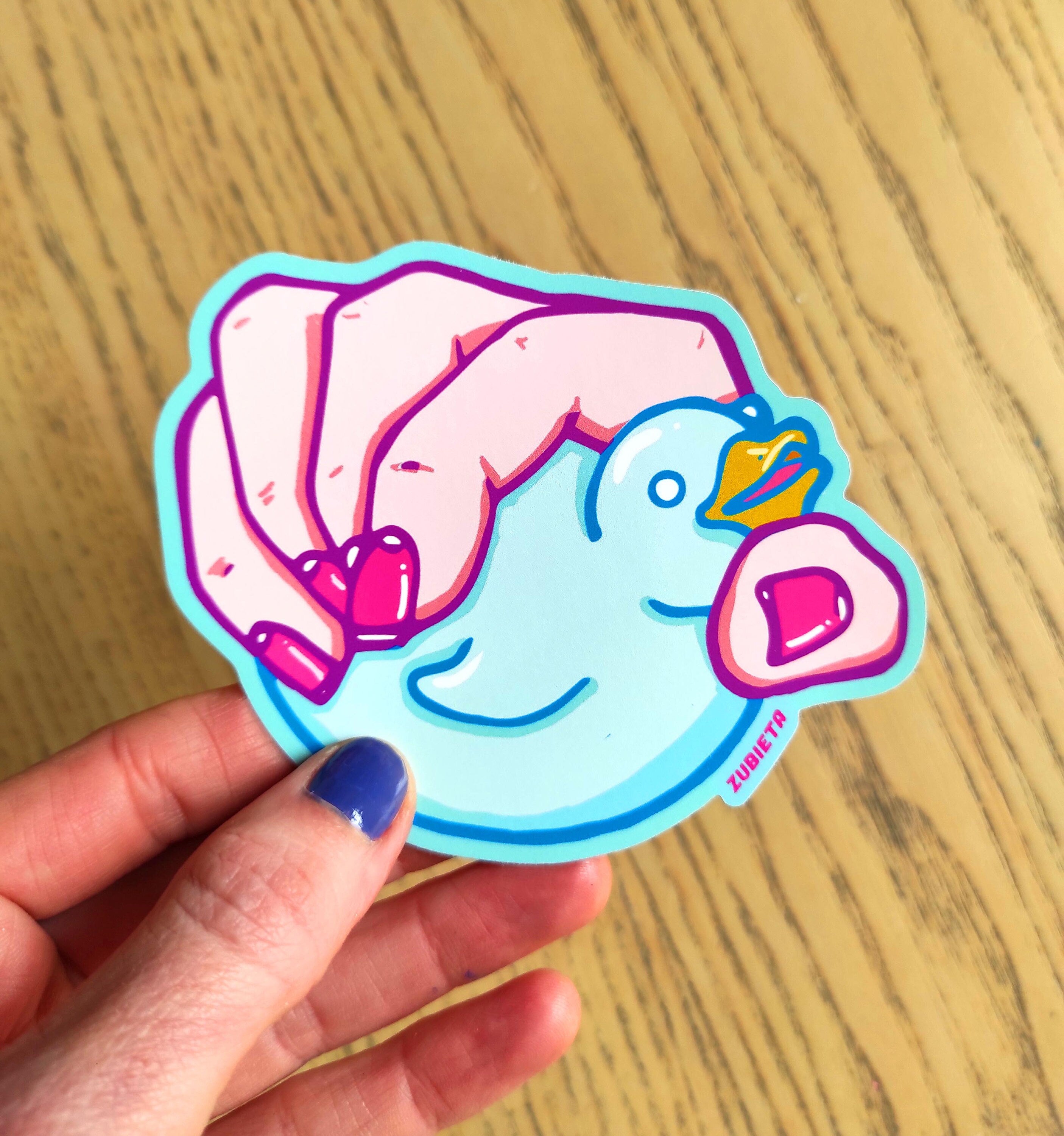 A vibrant Rubber Duck sticker featuring a creepy cute design, perfect for decorating personal items like laptops and water bottles.